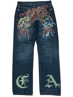 Christian Audigier Men’s Dark Blue Embroidered Skull Jeans